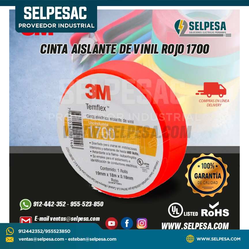 CINTA ELÉCTRICA AISLANTE DE VINIL ROJO TEMFLEX 1700 3M