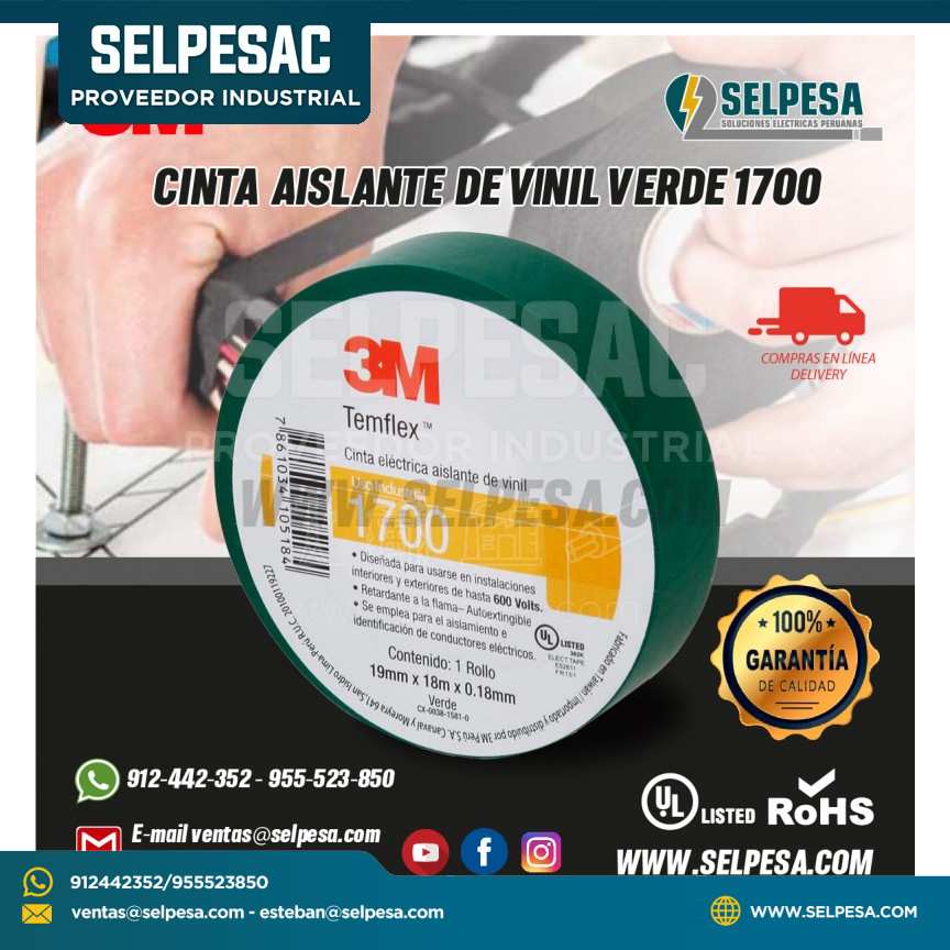 CINTA ELÉCTRICA AISLANTE DE VINIL 1700 VERDE TEMFLEX 3M