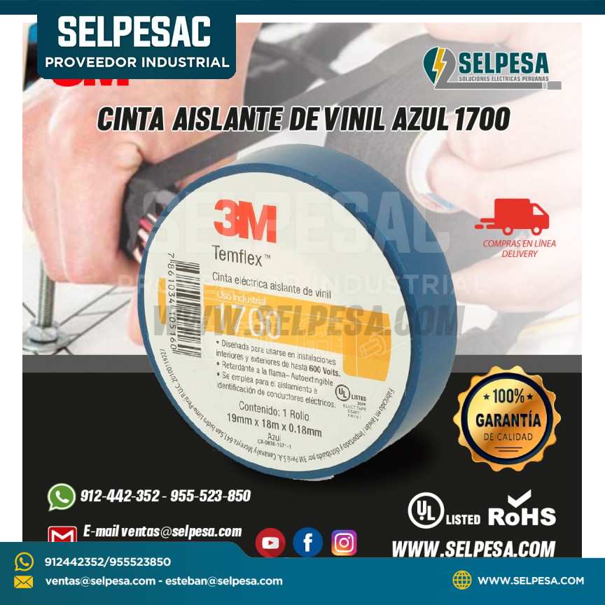 CINTA ELÉCTRICA AISLANTE DE VINIL 1700 AZUL TEMFLEX 3M