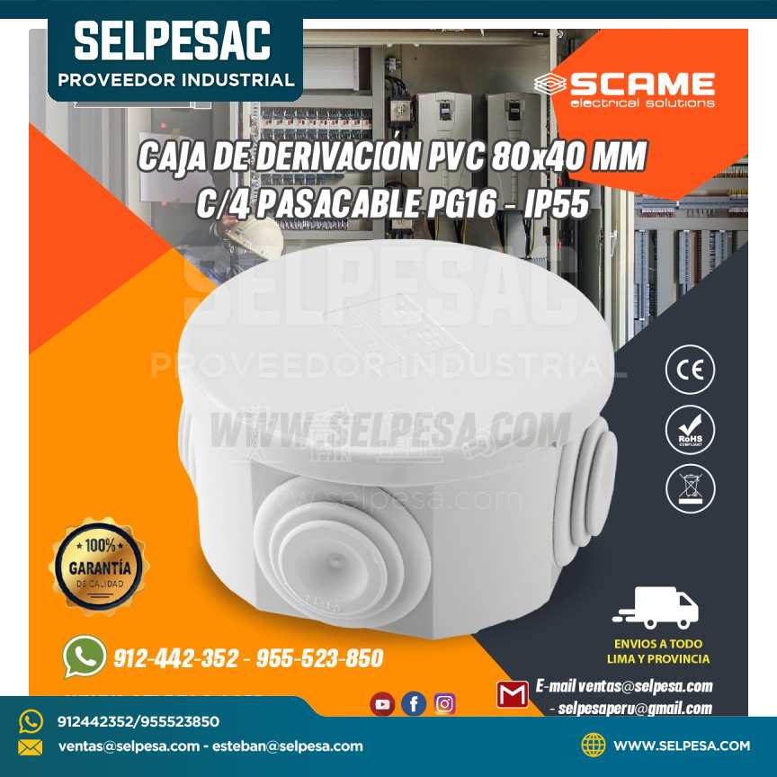 CAJA DE DERIVACIÓN PVC 80X40MM C/4 PASACABLE PG16 IP55 SCAME