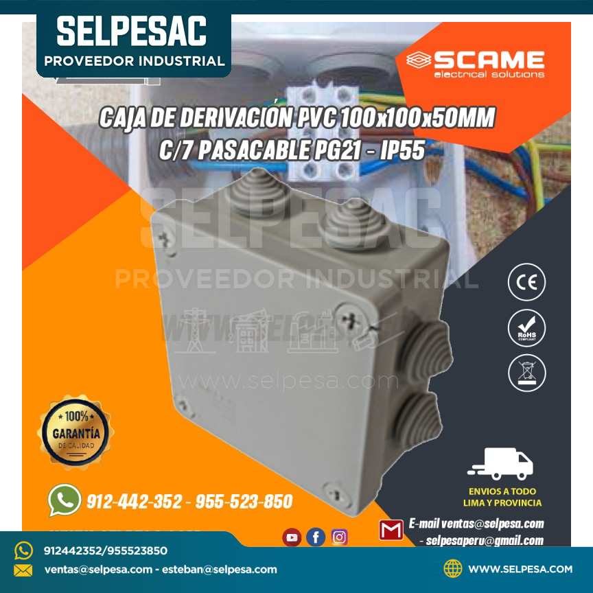 CAJA DE DERIVACIÓN PVC 100X100X50MM C/7 PASACABLE PG21 - IP55