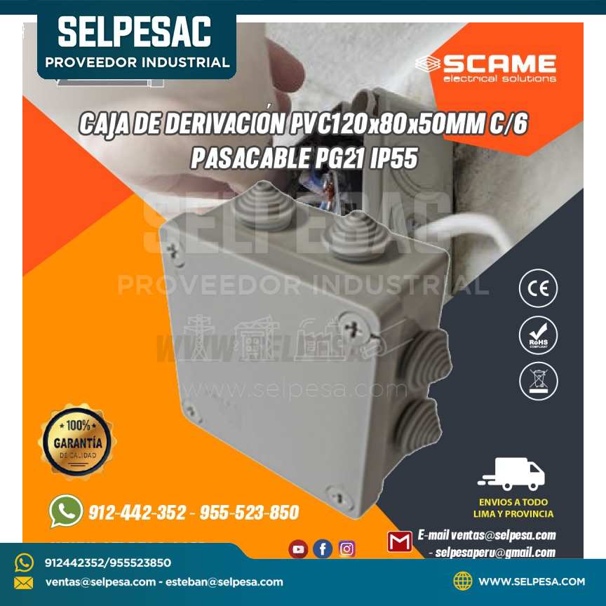 CAJA DE DERIVACIÓN PVC 120X80X50MM C/6 PASACABLE PG21 - IP55