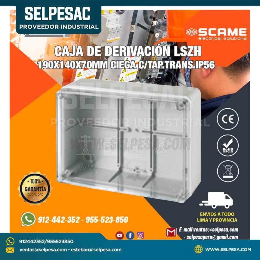 CAJA DE DERIVACIÓN LSZH 190X140X70MM CIEGA C/TAPA TRANS. - IP56  SCAME