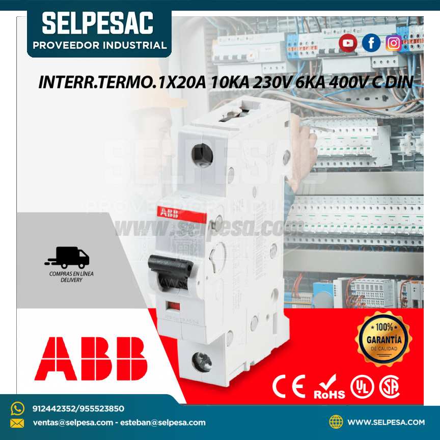 INTERRUPTOR TERMOMAGNÉTICO 1X20A 10KA 230V 6KA 400V C DIN - ABB