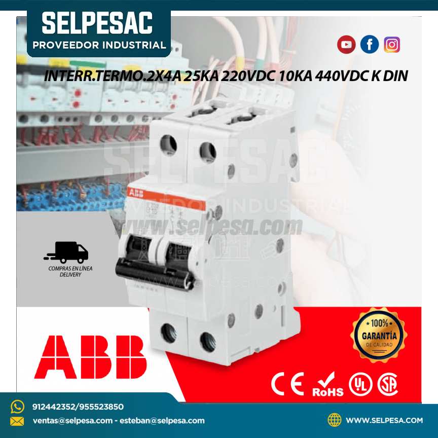 INTERRUPTOR TERMOMAGNÉTICO 2X4A 25KA 220VDC 10KA 440VDC K DIN - ABB