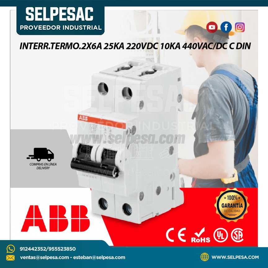 INTERRUPTOR TERMOMAGNÉTICO 2X6A 25KA 220VDC 10KA 440VAC/DC C DIN - ABB