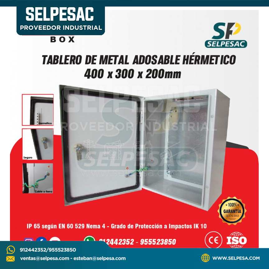 TABLERO DE METAL 400x300x200MM ADOSABLE HERMETICO IP65 C/PLACA