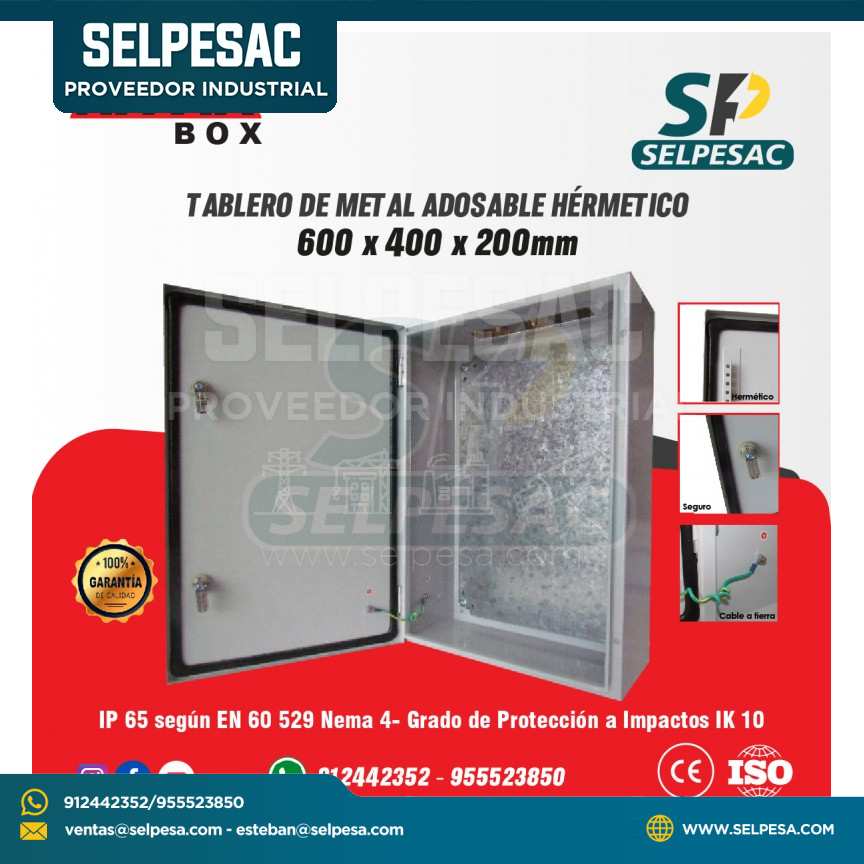 TABLERO DE METAL 600x400x200MM ADOSABLE HERMETICO IP65 C/PLACA
