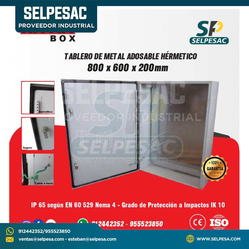TABLERO DE METAL 800x600x200MM ADOSABLE HERMETICO IP65 C/PLACA