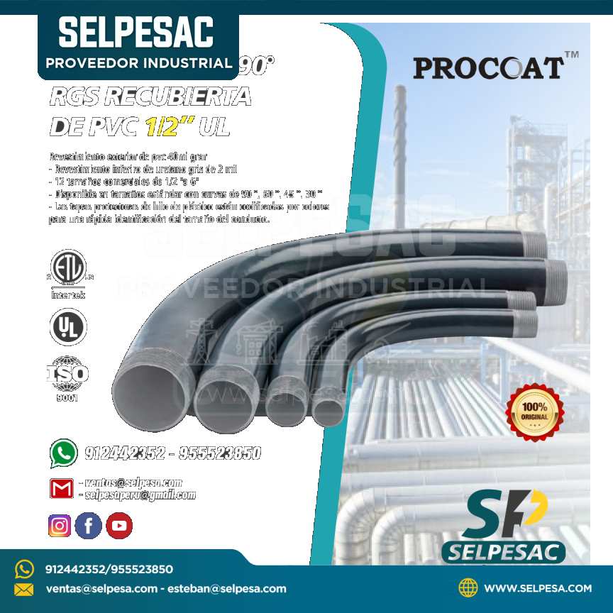 PROCOAT - CURVA CONDUIT 90° RGS RECUBIERTA DE PVC 1/2´´ UL