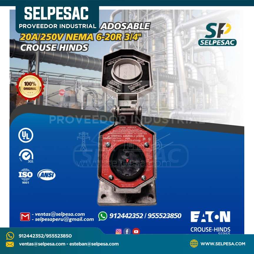 CROUSE HINDS - TOMACORRIENTE ADOSABLE 20A 250V NEMA 6-20R 3/4´´ UL