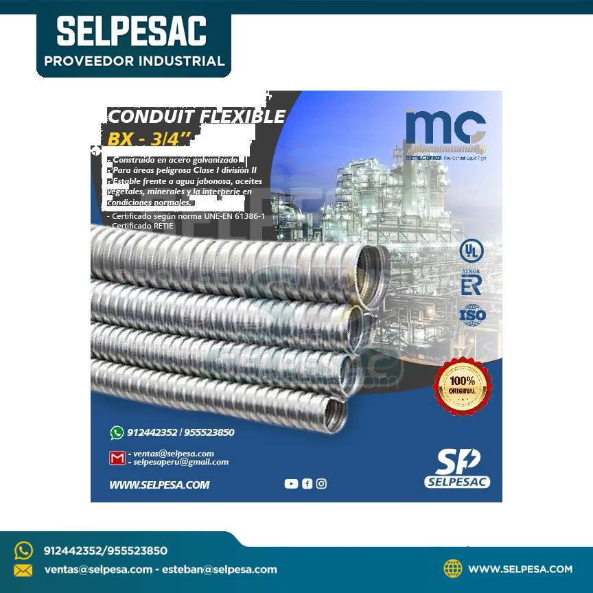 METAL CORAZA - CONDUIT FLEXIBLE BX 3/4´´ ACERO GALVANIZADO