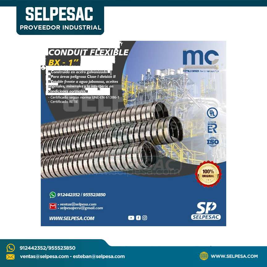 METAL CORAZA - CONDUIT FLEXIBLE BX 1´´ ACERO GALVANIZADO