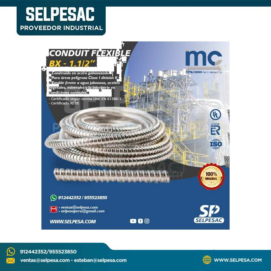 METAL CORAZA - CONDUIT FLEXIBLE BX 1. 1/2´´ ACERO GALVANIZADO