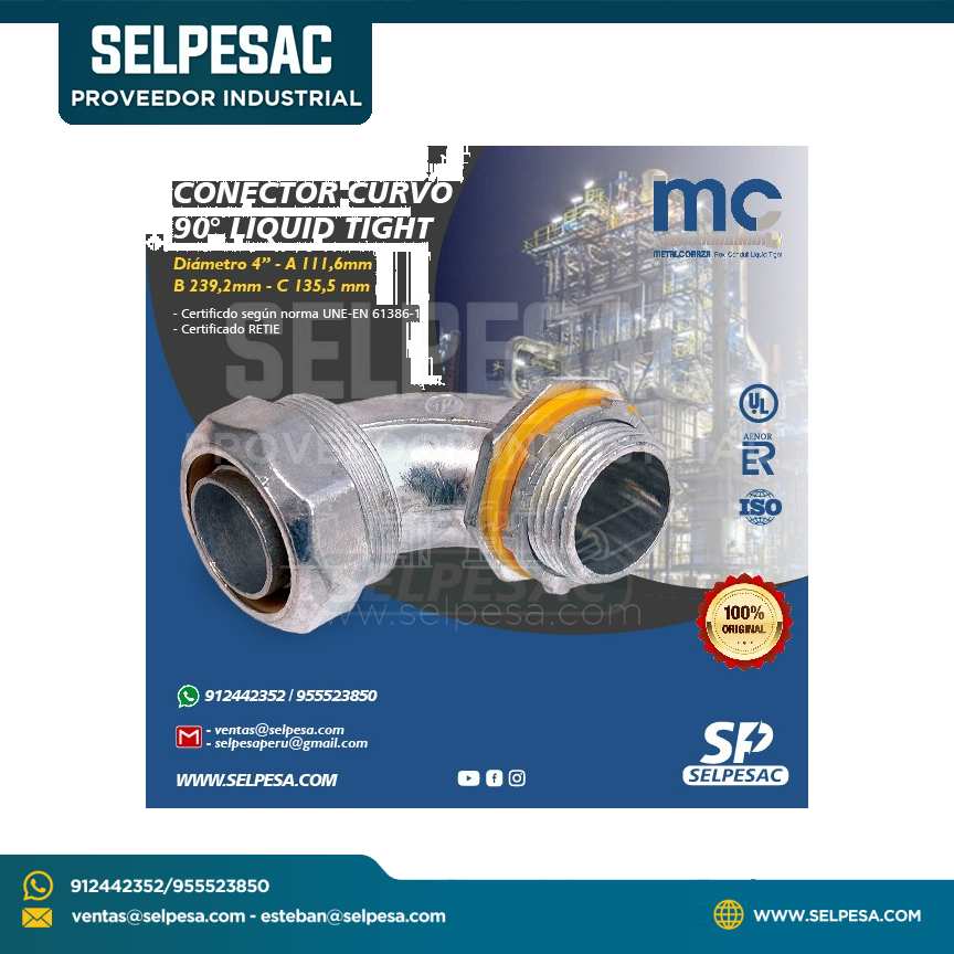 METAL CORAZA - CONECTOR CURVO 90° LIQUID TIGHT 4´´ UL