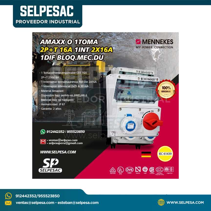 MENNEKES - CAJA COMBINADA AMAXX O 1TOMA 2P+T 16A 1INT 2X16A 1DIF BLOQ.MEC.DU