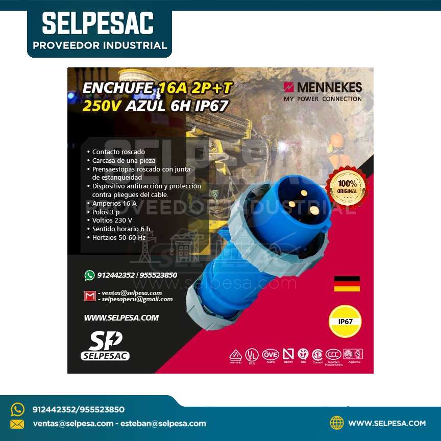 MENNEKES - ENCHUFE 16A 2P+T 250V AZUL 6H IP67