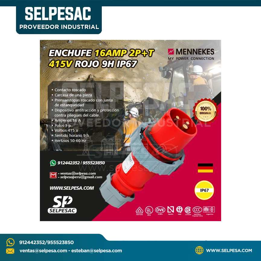 MENNEKES - ENCHUFE 16AMP 2P+T 415V ROJO 9H - GRADO IP67