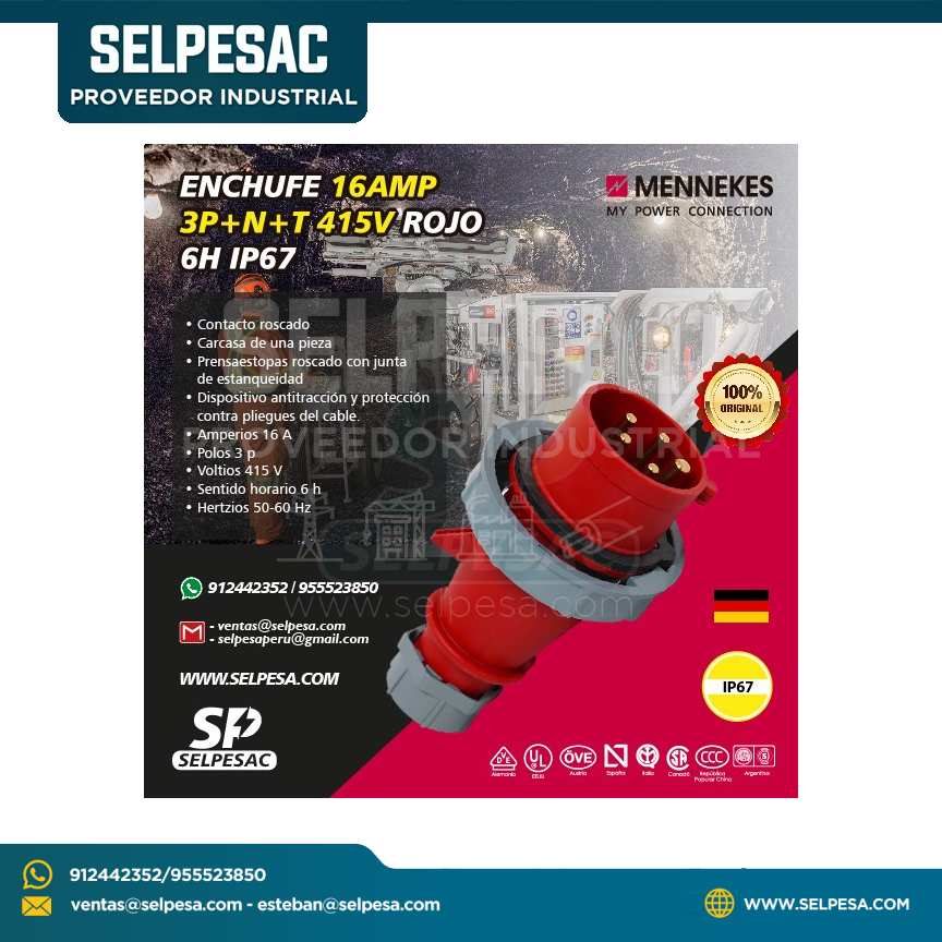 MENNEKES - ENCHUFE 16AMP 3P+N+T 415V ROJO 6H IP67