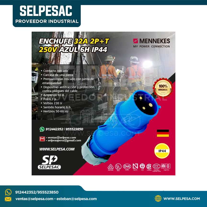 MENNEKES - ENCHUFE 32A 2P+T 250V AZUL 6H IP44
