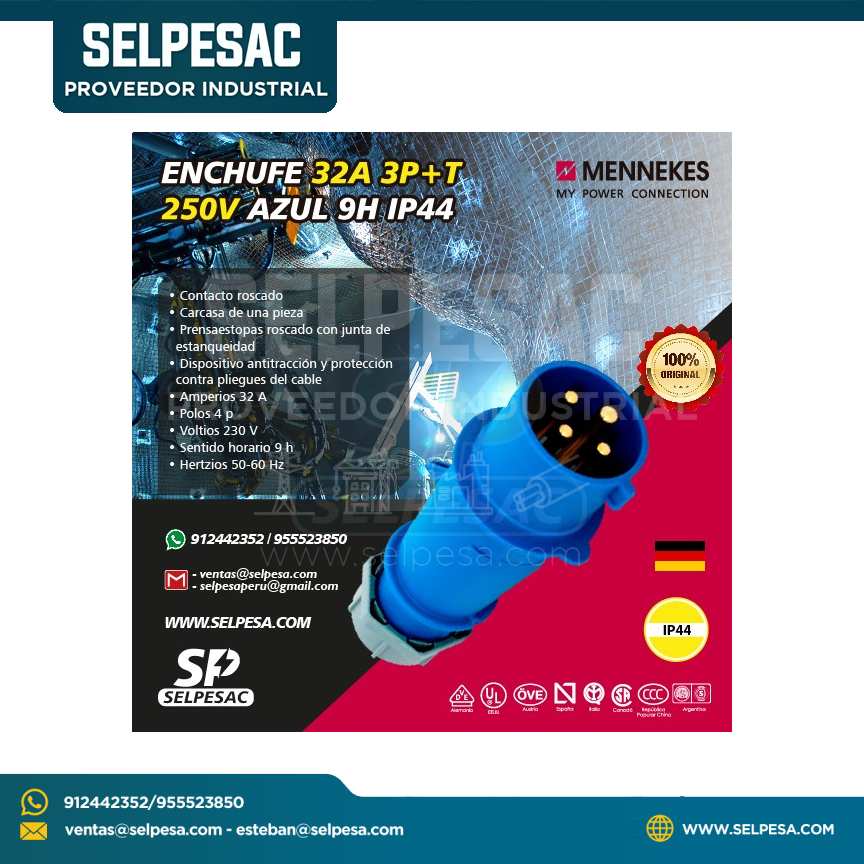 MENNEKES - ENCHUFE 32A 3P+T 250V AZUL 9H IP44