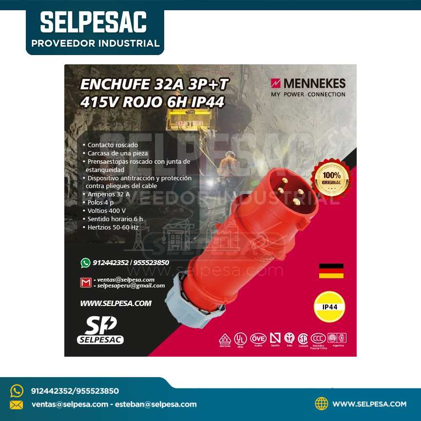 MENNEKES - ENCHUFE 32A 3P+T 415V ROJO 6H IP44