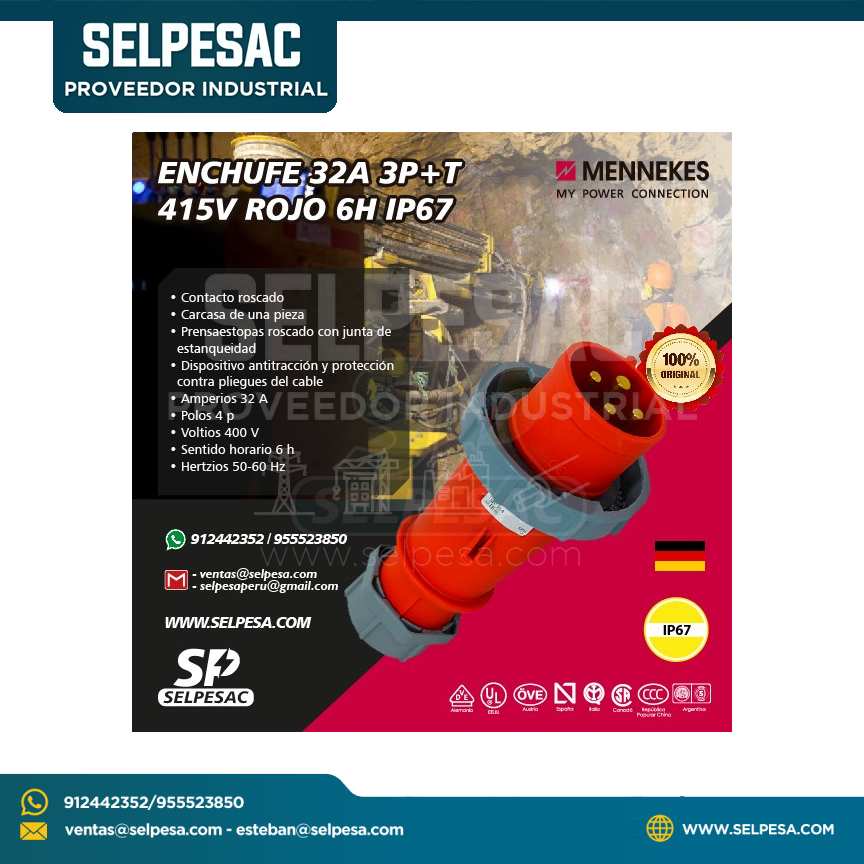 MENNEKES - ENCHUFE 32A 3P+T 415V ROJO 6H IP67