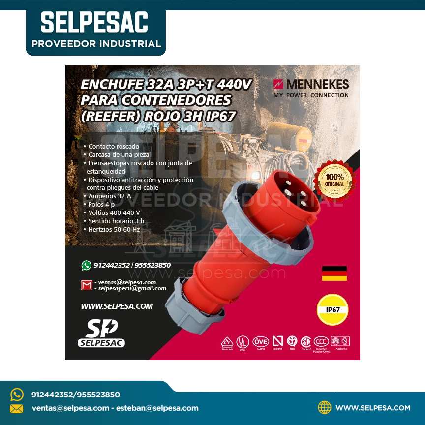 MENNEKES- ENCHUFE 32A 3P+T 440V PARA CONTENEDORES - ROJO 3H IP67