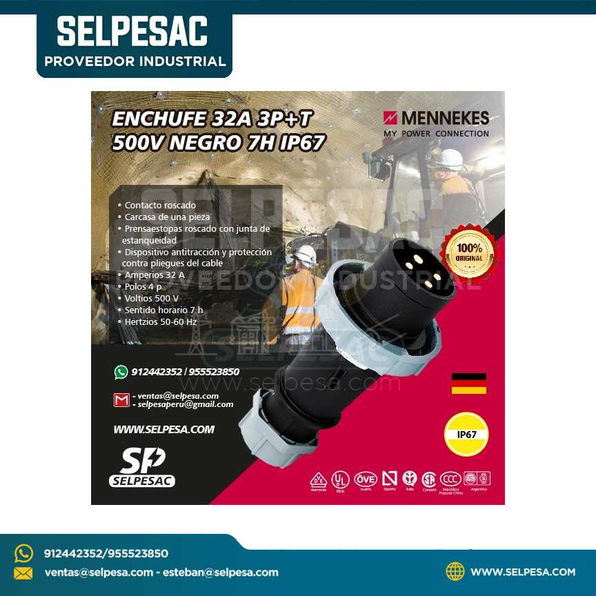 MENNEKES - ENCHUFE 32A 3P+T 500V NEGRO 7H IP67
