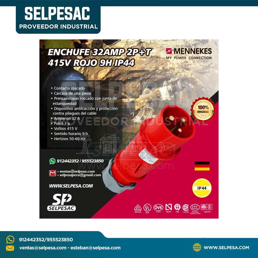 MENNEKES - ENCHUFE 32AMP 2P+T 415V ROJO 9H IP44