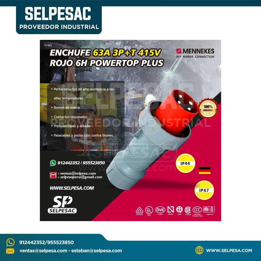 MENNEKES - ENCHUFE 63A 3P+T 415V ROJO 6H POWERTOP PLUS IP67