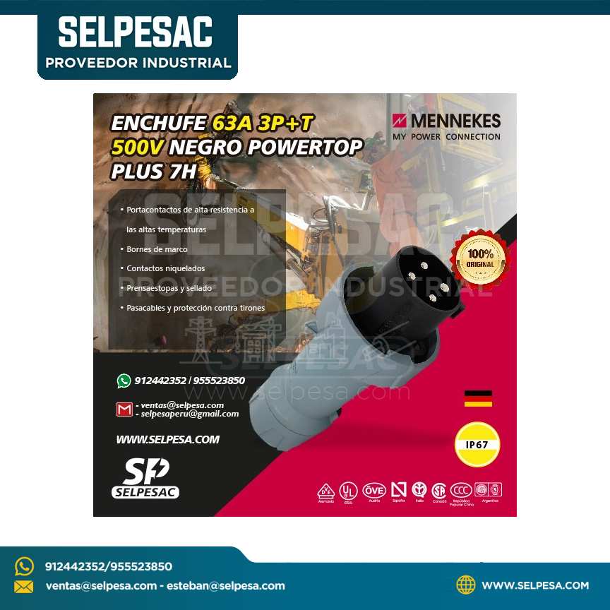 MENNEKES - ENCHUFE 63A 3P+T 500V NEGRO POWERTOP PLUS 7H IP67