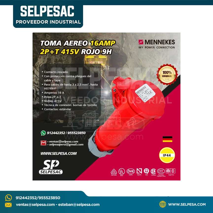 MENNEKES - TOMA AEREO 16AMP 2P+T 415V ROJO 9H IP44