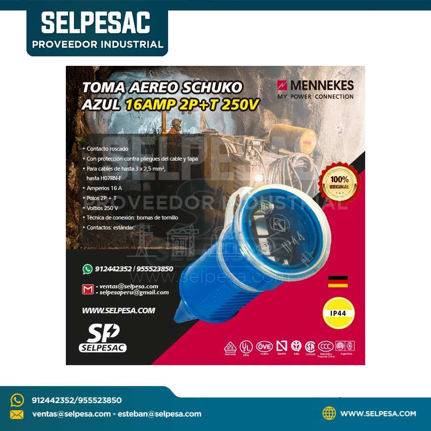 MENNEKES - TOMA AEREO SCHUKO AZUL 16AMP 2P+T 250V IP44