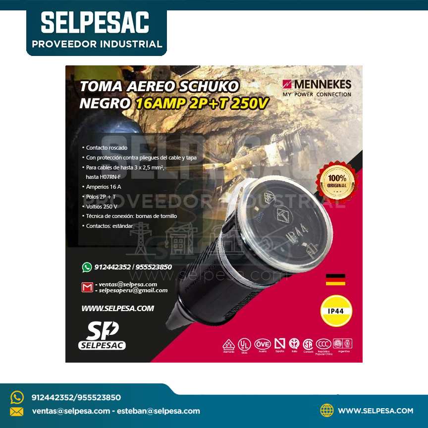 MENNEKES - TOMA AEREO SCHUKO NEGRO 16AMP 2P+T 250V IP44