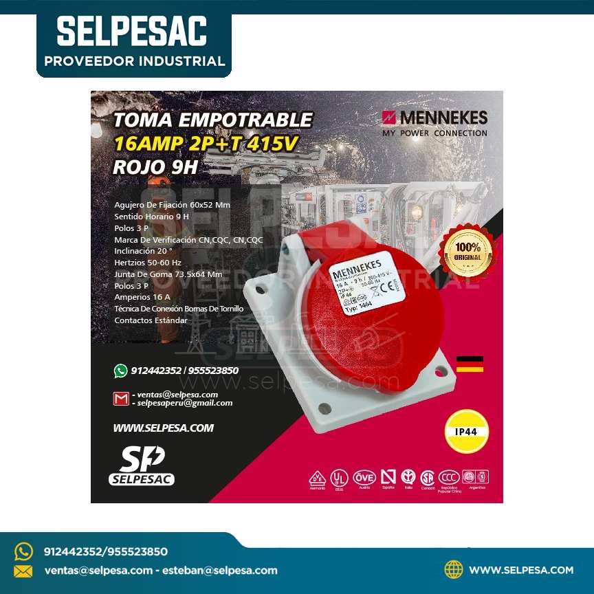 MENNEKES - TOMA EMPOTRABLE 16AMP 2P+T 415V ROJO 9H IP44