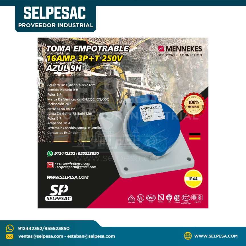 MENNEKES - TOMA EMPOTRABLE 16AMP 3P+T 250V AZUL 9H IP44