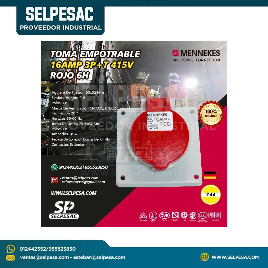 MENNEKES - TOMA EMPOTRABLE 16AMP 3P+T 415V ROJO 6H IP44