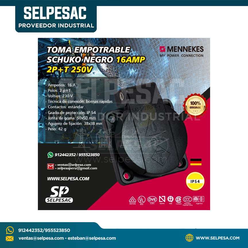 MENNEKES - TOMA EMPOTRABLE SCHUKO NEGRO 16AMP 2P+T 250V IP54