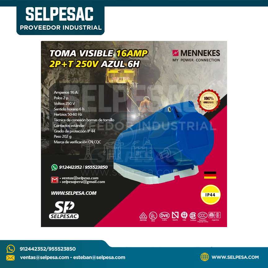 MENNEKES - TOMA VISIBLE 16AMP 2P+T 250V AZUL 6H IP44
