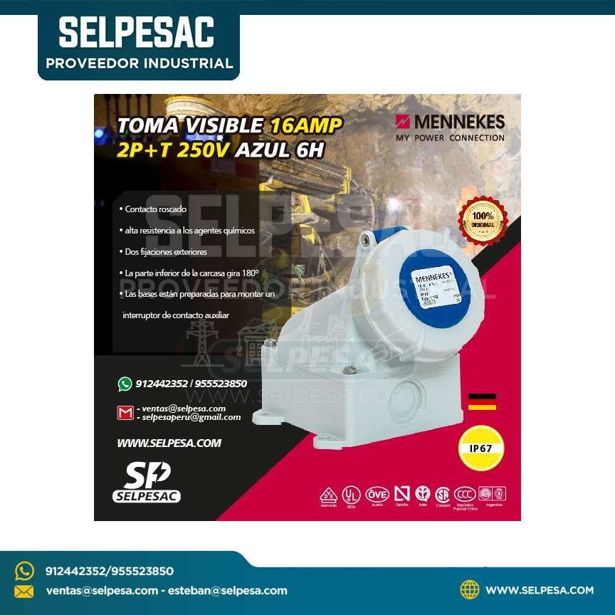 MENNEKES - TOMA VISIBLE 16AMP 2P+T 250V AZUL 6H IP67