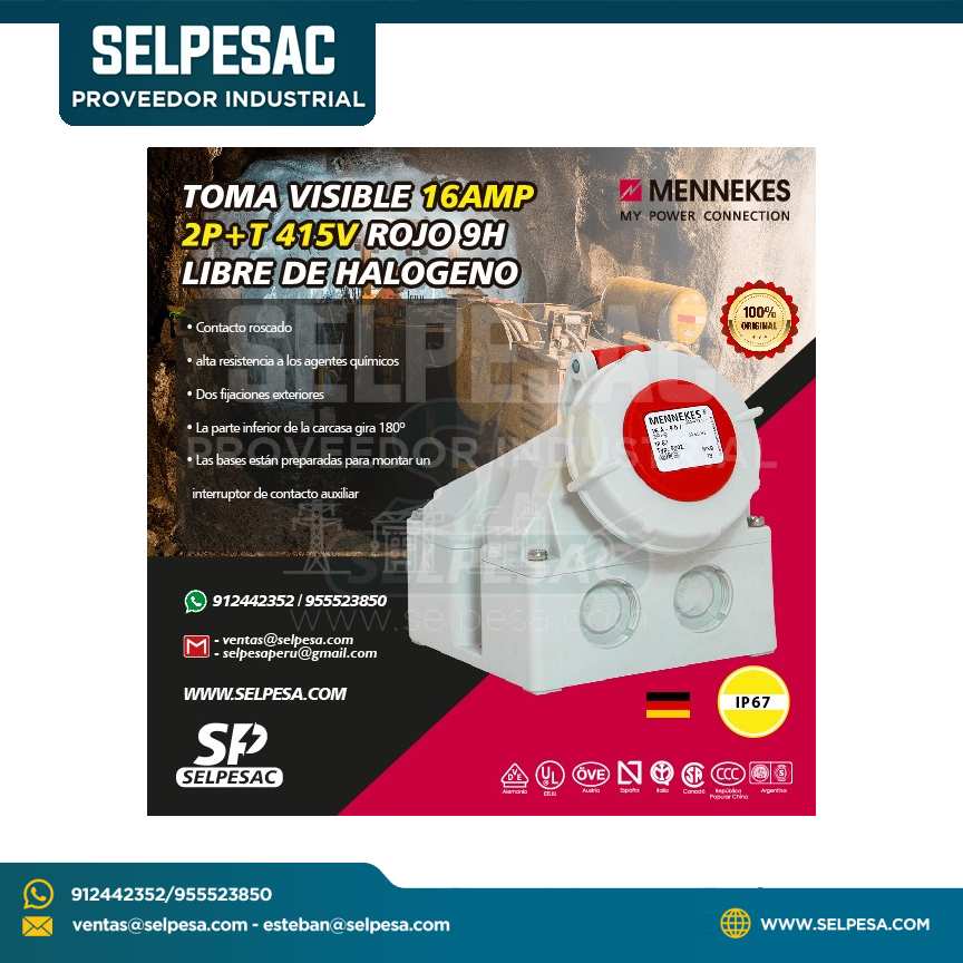 MENNEKES - TOMA VISIBLE 16AMP 2P+T 415V ROJO 9H IP67 LIBRE DE HALÓGENO