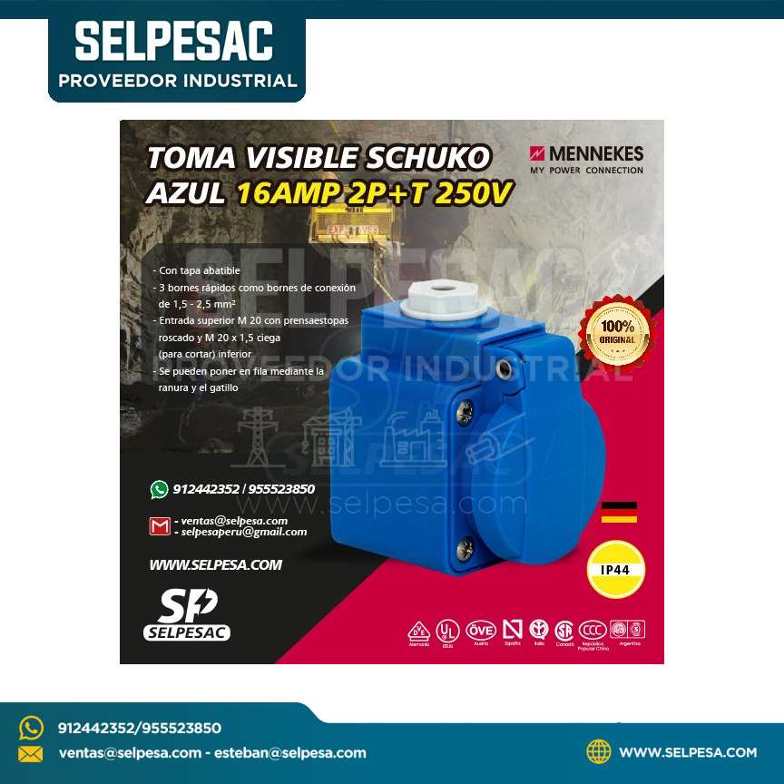MENNEKES - TOMA VISIBLE SCHUKO AZUL 16AMP 2P+T 250V IP44