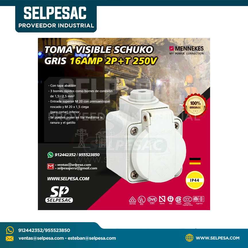 MENNEKES - TOMA VISIBLE SCHUKO GRIS 16AMP 2P+T 250V IP44