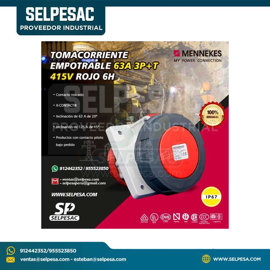 MENNEKES - TOMACORRIENTE EMPOTRABLE 63A 3P+T 415V ROJO 6H IP67