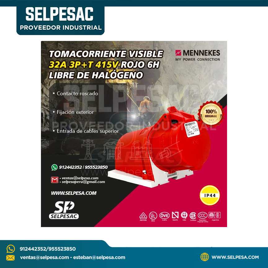 MENNEKES - TOMACORRIENTE VISIBLE 32A 3P+T 415V ROJO 6H IP44 LIBRE DE HALÓGENO