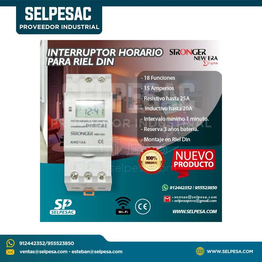 STRONGER - INTERRUPTOR HORARIO PARA RIEL DIN AHC15A - 180 a 250VAC  50/60Hz
