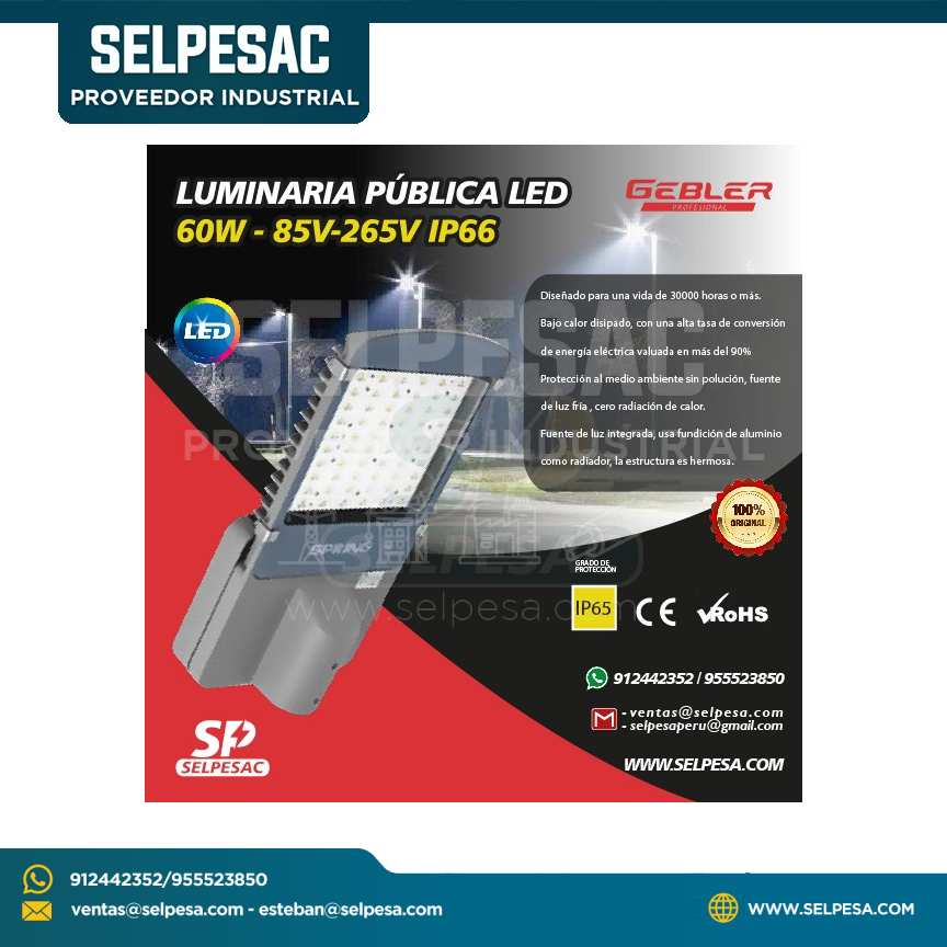GEBLER - LUMINARIA PÚBLICA LED 60W 85V-265V IP66