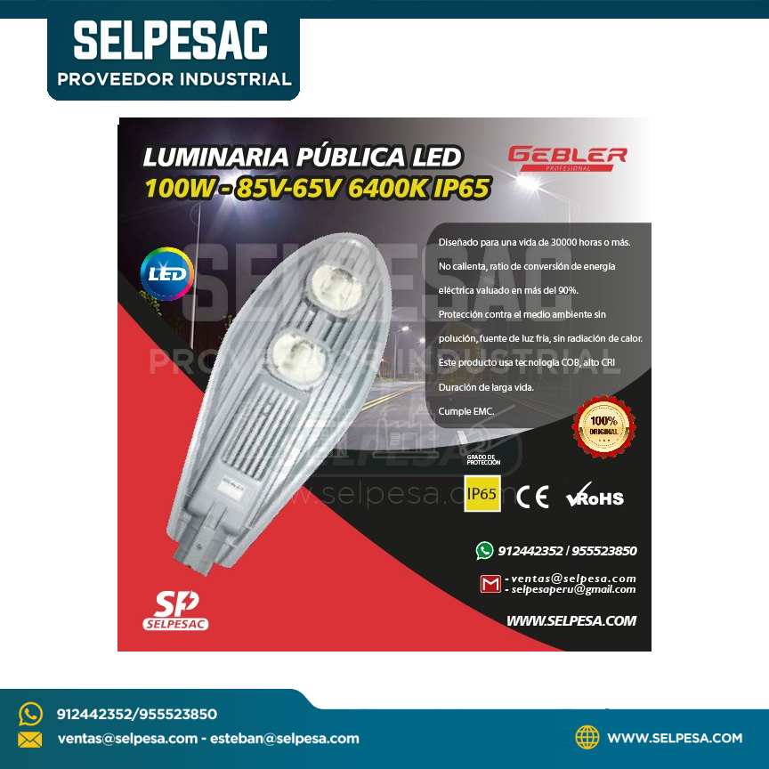 LUMINARIA PÚBLICA LED 100W 85V-65V 6400K IP65