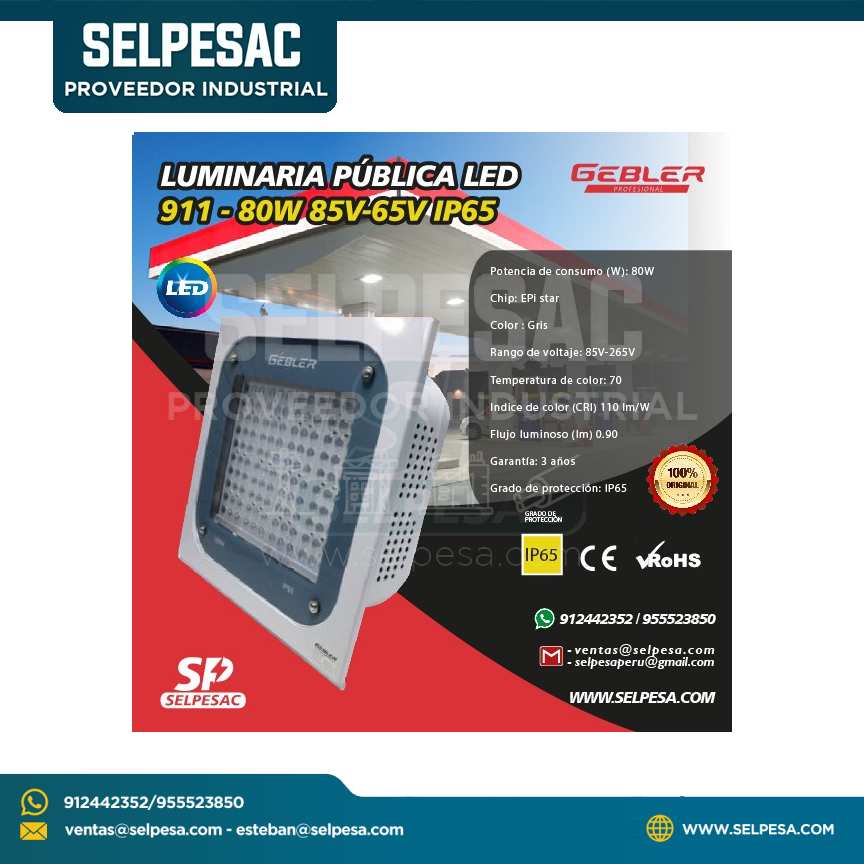GEBLER - LUMINARIA PÚBLICA LED 911 80W 85V-65V IP65